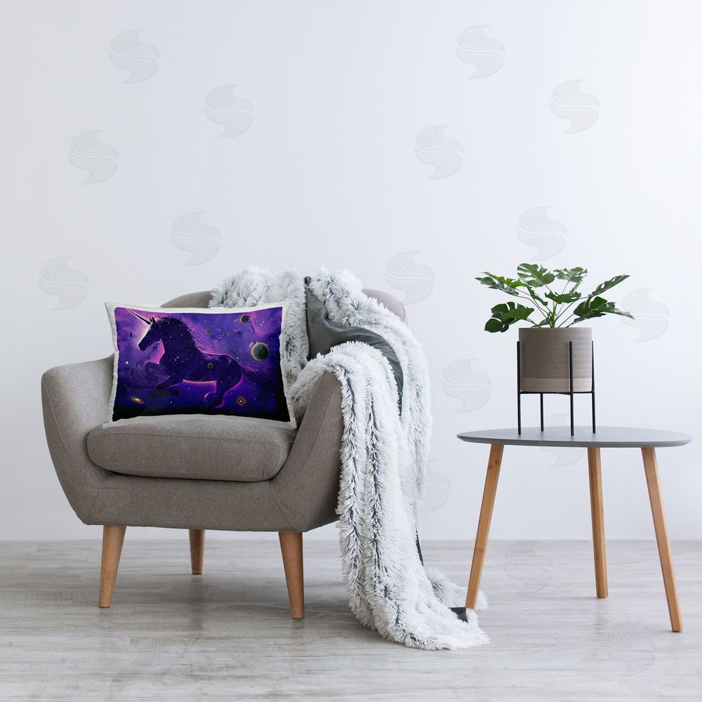 Vincent Hie Purple Unicorn Nebula Printed Plush Polyester Throw Pillow On Chair