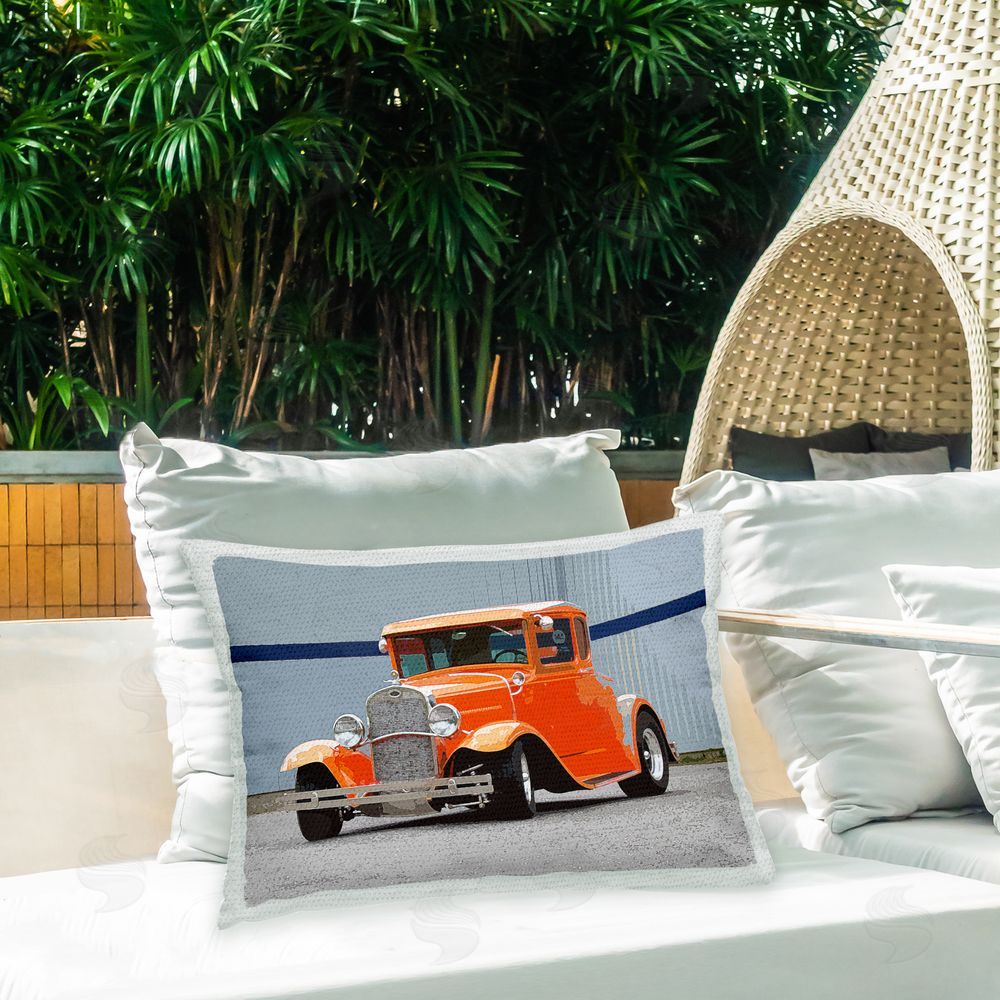 Clive Branson Orange Antique Car Outdoor Quick-Dry Polyester Printed Throw Pillow in Back Yard