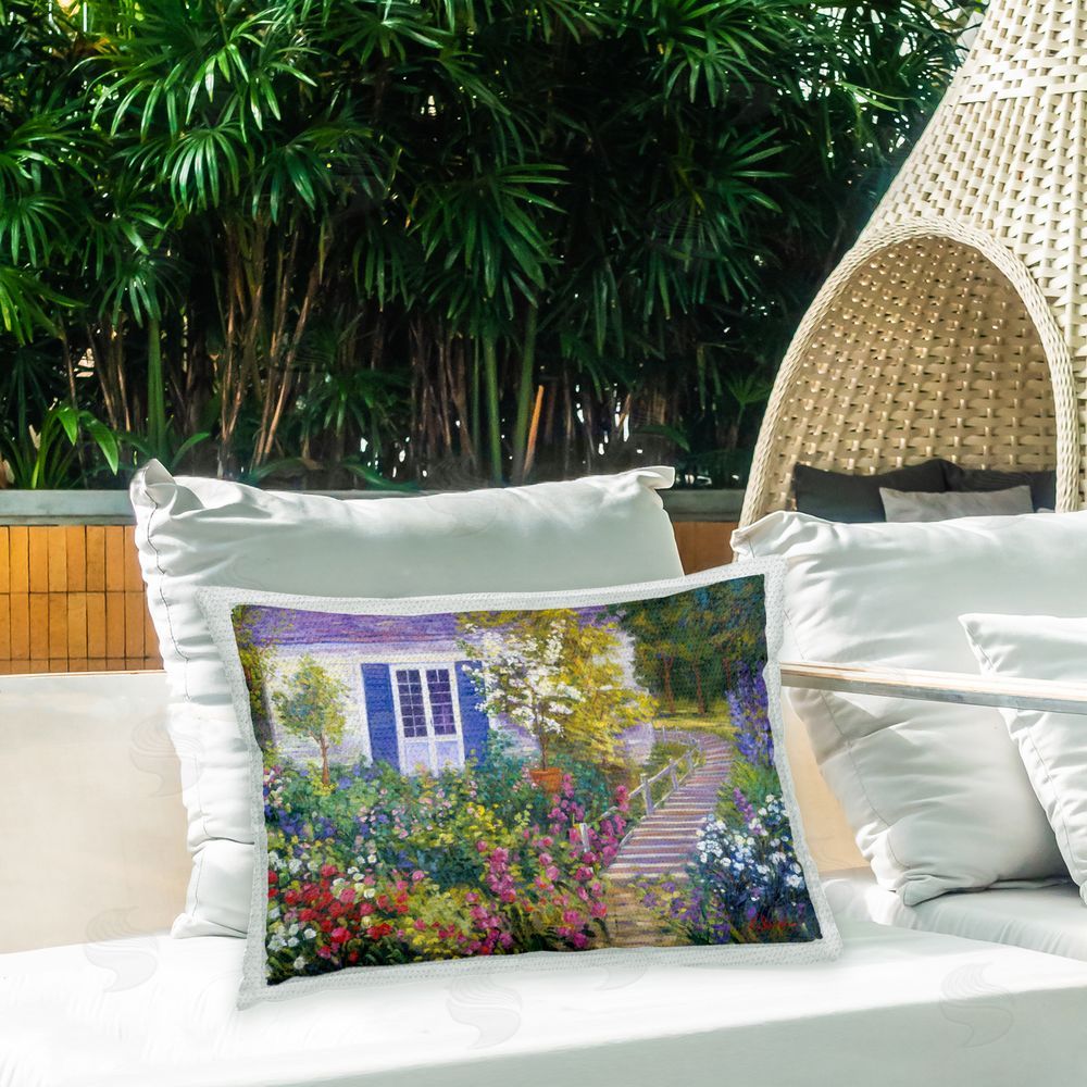 Alexi Fine Cottage Garden Path Outdoor Quick-Dry Polyester Printed Throw Pillow in Back Yard
