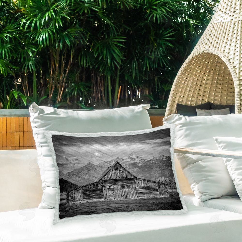 Daniel Sproul Rural Mountain Barn Outdoor Quick-Dry Polyester Printed Throw Pillow in Back Yard