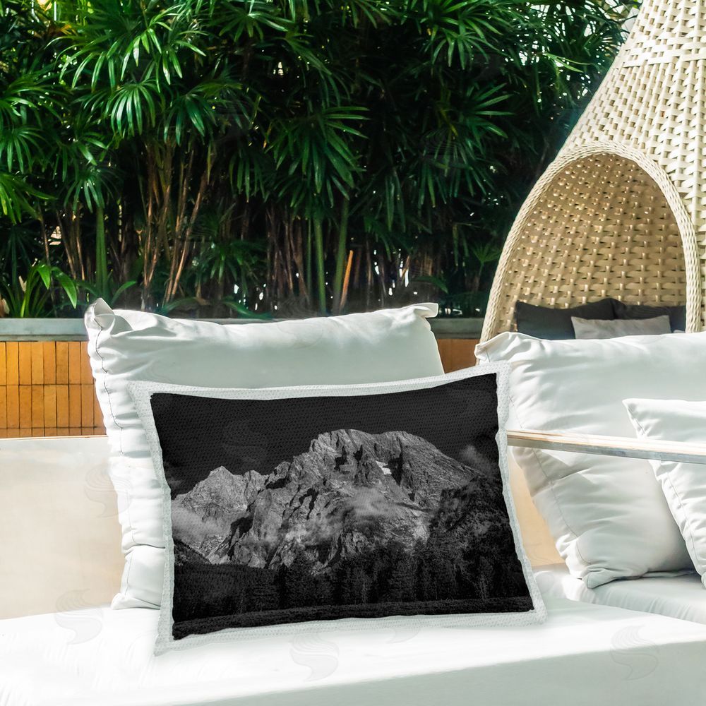 Daniel Sproul Foggy Mountain Scene Outdoor Quick-Dry Polyester Printed Throw Pillow in Back Yard