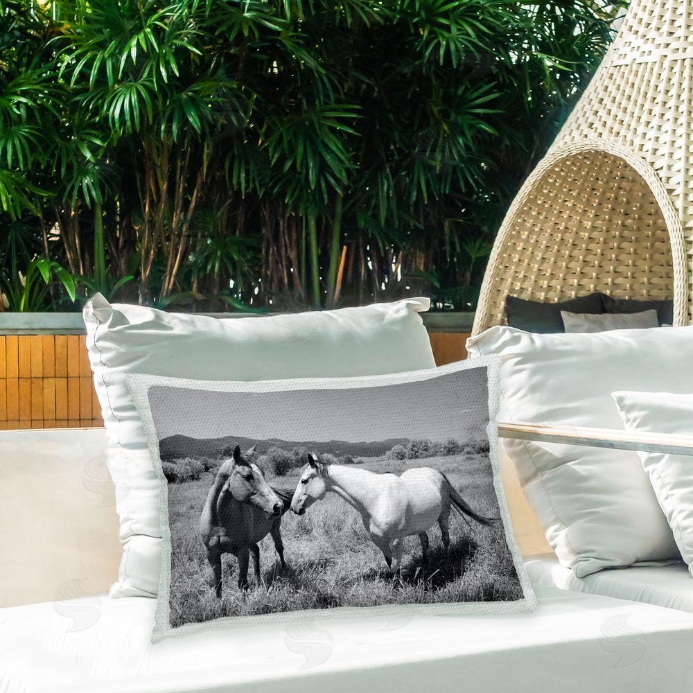 Steve Toole Two Horses in Pasture Outdoor Quick-Dry Polyester Printed Throw Pillow in Back Yard