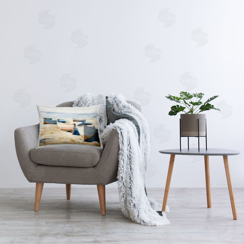 Ethan Harper Boats on Sea Shore Printed Plush Polyester Throw Pillow On Chair