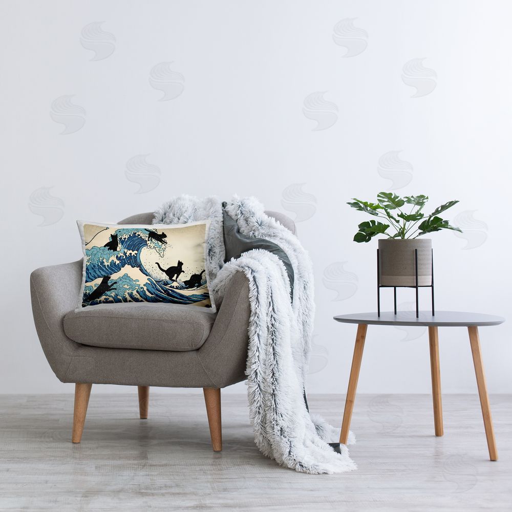 Furry Portraits Cats & Tsunami Wave Printed Plush Polyester Throw Pillow On Chair