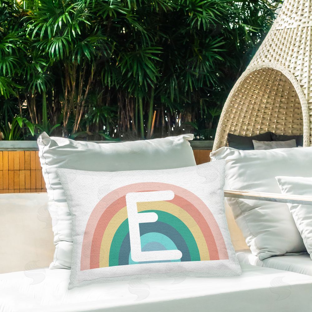 Daphne Polselli Rainbow Initial E Outdoor Quick-Dry Polyester Printed Throw Pillow in Back Yard