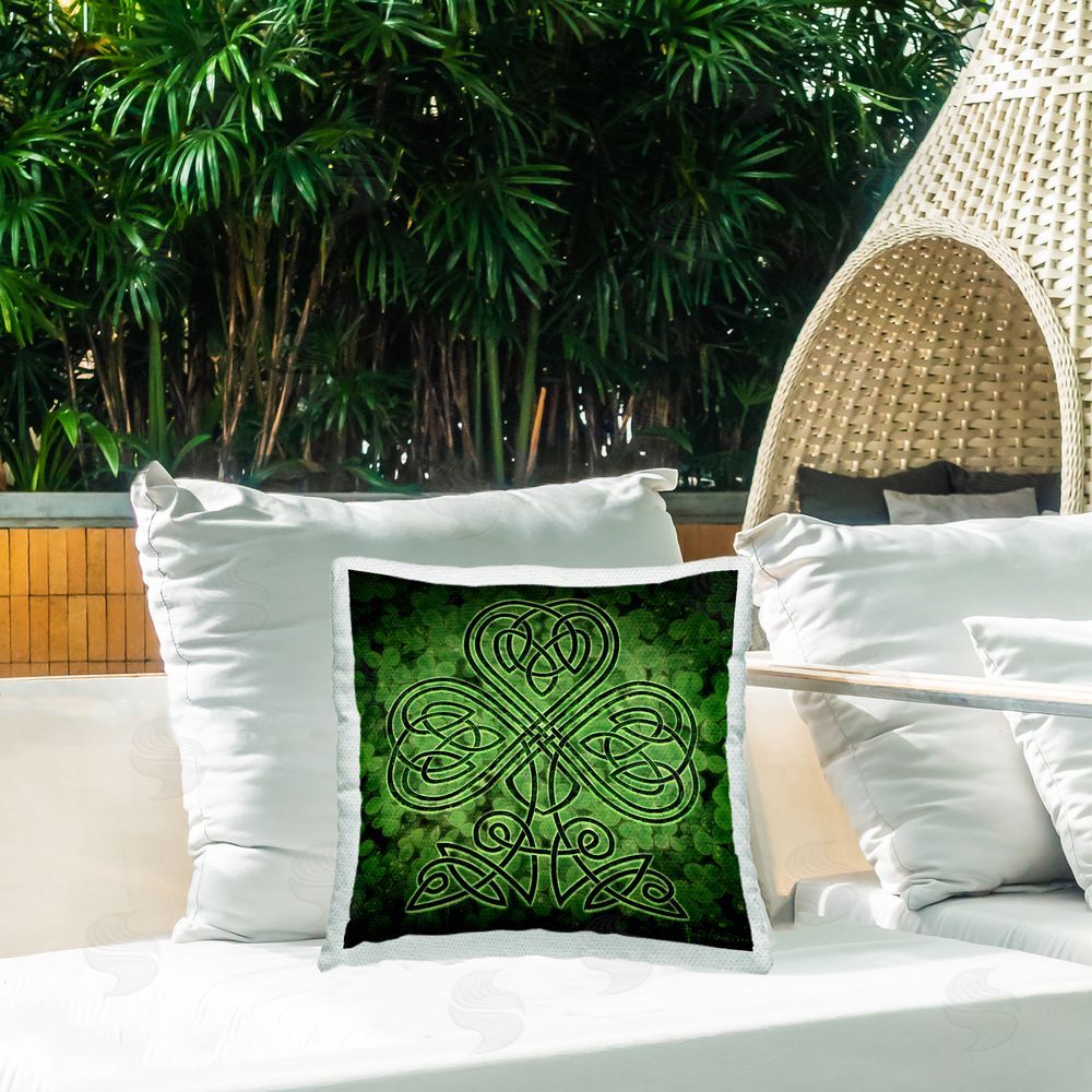 Brigid Ashwood Green Celtic Shamrock Outdoor Quick-Dry Polyester Printed Throw Pillow in Back Yard