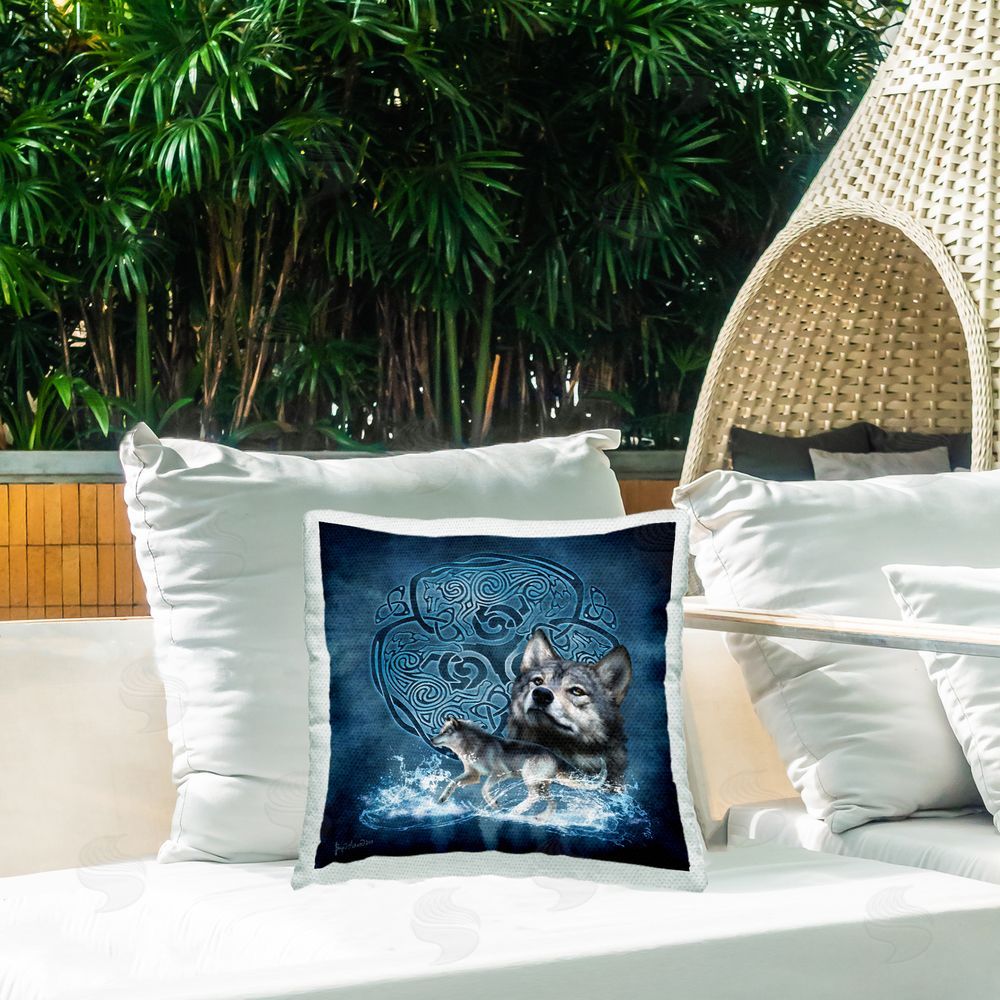 Brigid Ashwood Blue Celtic Wolf Outdoor Quick-Dry Polyester Printed Throw Pillow in Back Yard