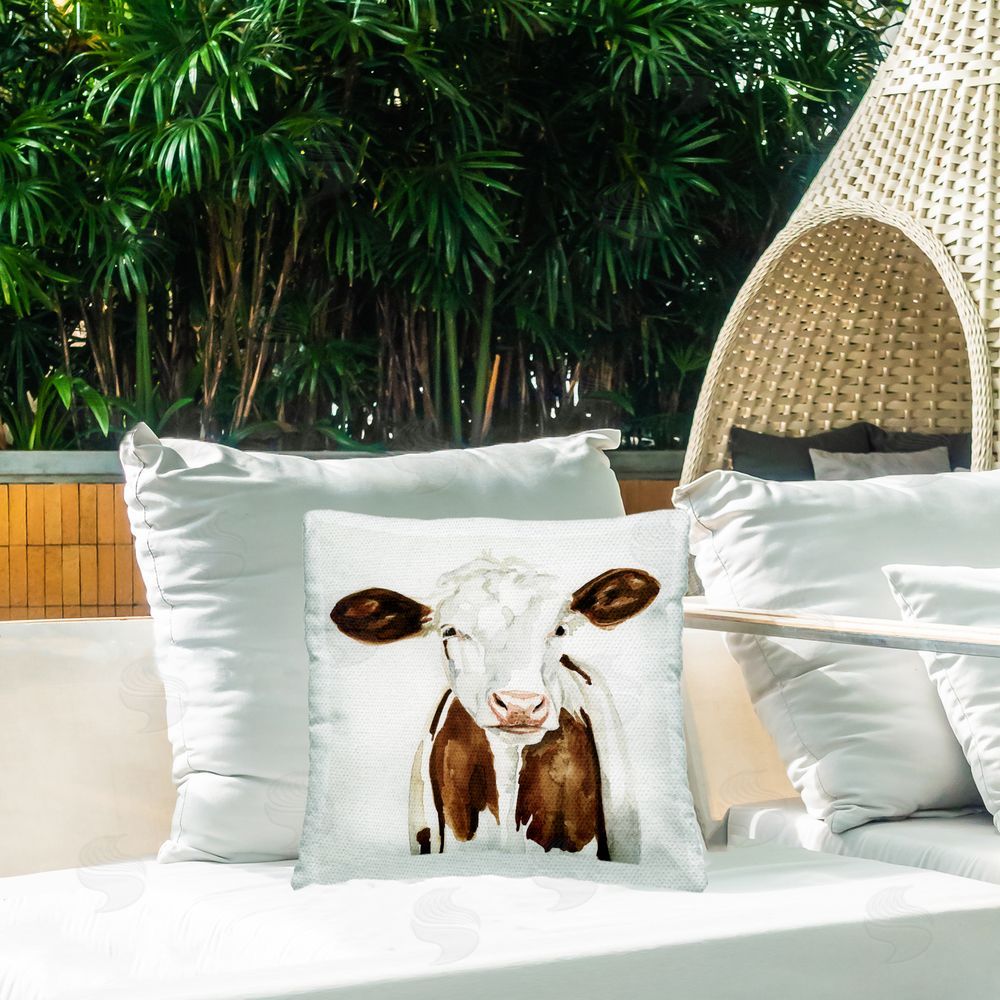 Victoria Barnes Brown Spotted Cow Outdoor Quick-Dry Polyester Printed Throw Pillow in Back Yard