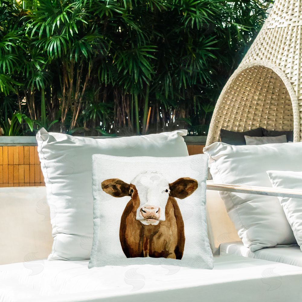 Victoria Barnes Brown Farmhouse Cow Outdoor Quick-Dry Polyester Printed Throw Pillow in Back Yard