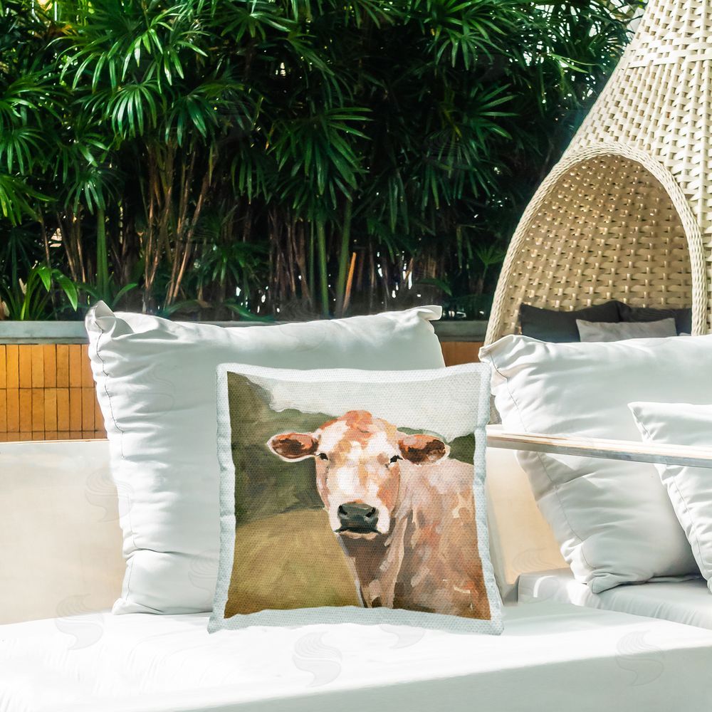 Victoria Barnes Farmhouse Cattle Face Outdoor Quick-Dry Polyester Printed Throw Pillow in Back Yard