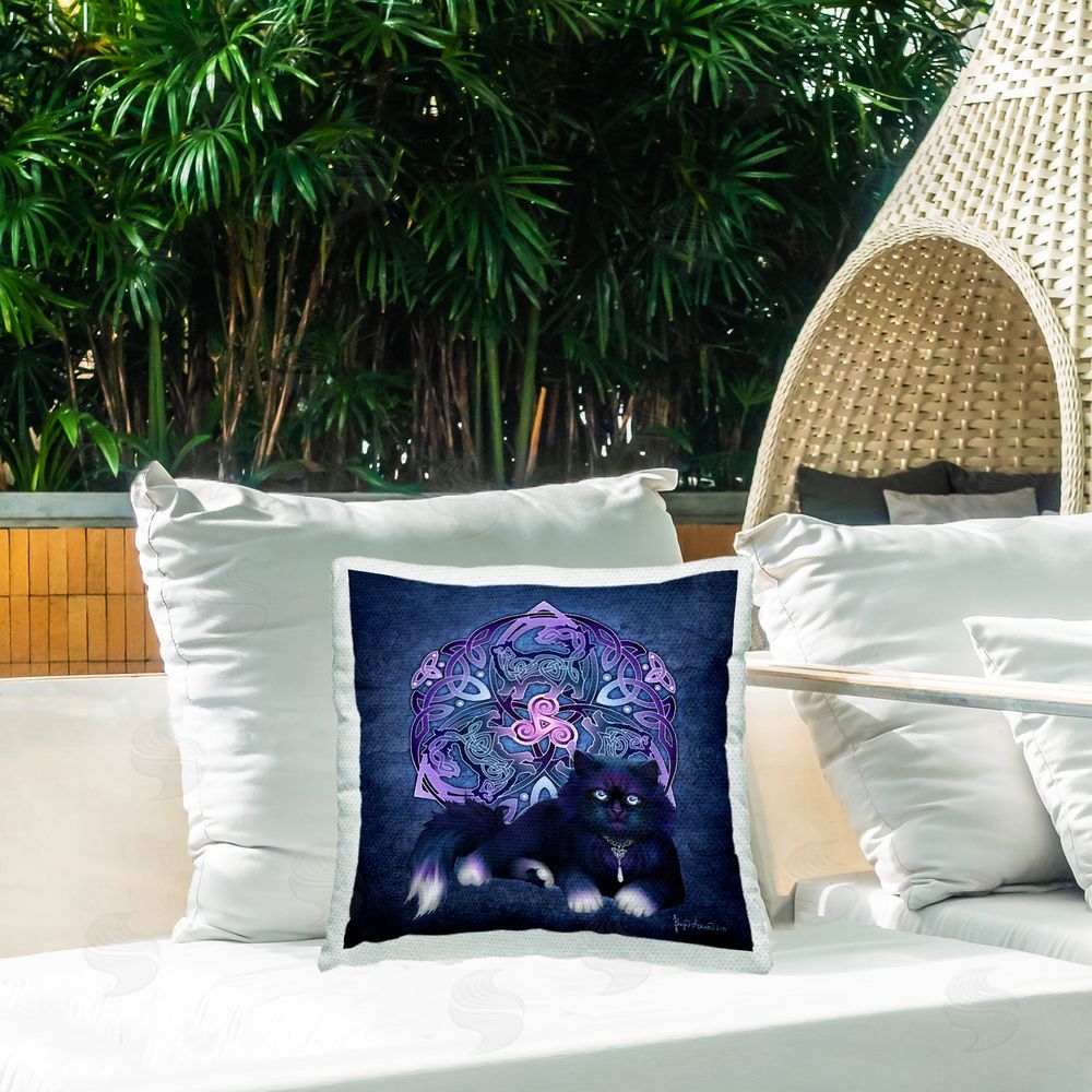 Brigid Ashwood Fluffy Cat Celtic Knot Outdoor Quick-Dry Polyester Printed Throw Pillow in Back Yard