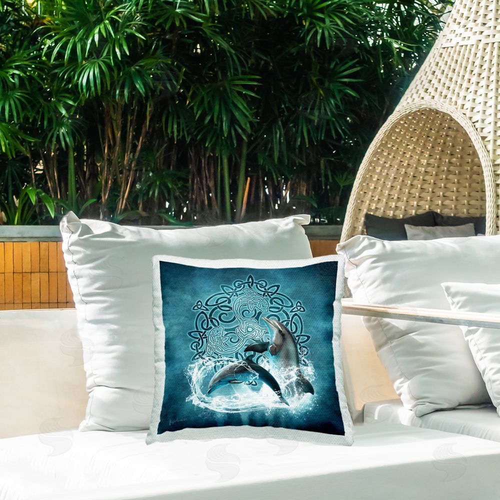 Brigid Ashwood Dolphins & Celtic Knot Outdoor Quick-Dry Polyester Printed Throw Pillow in Back Yard