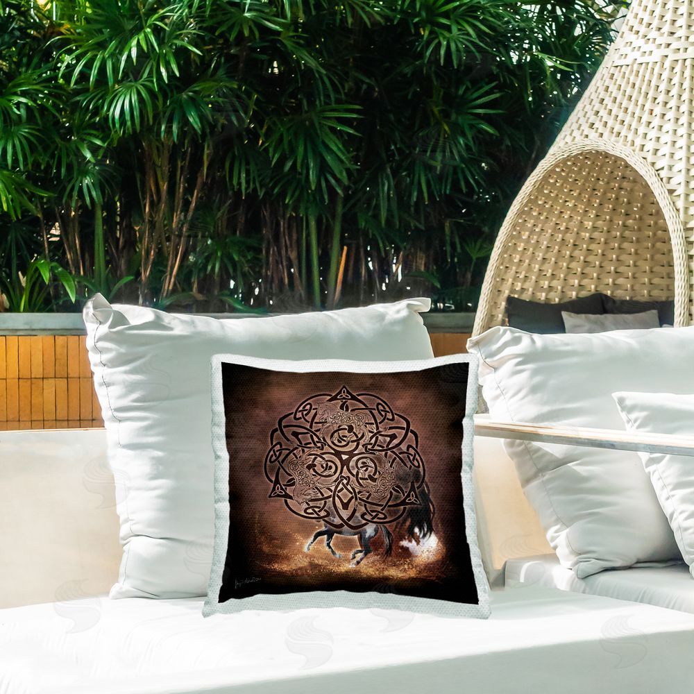 Brigid Ashwood Brown Celtic Horse Outdoor Quick-Dry Polyester Printed Throw Pillow in Back Yard