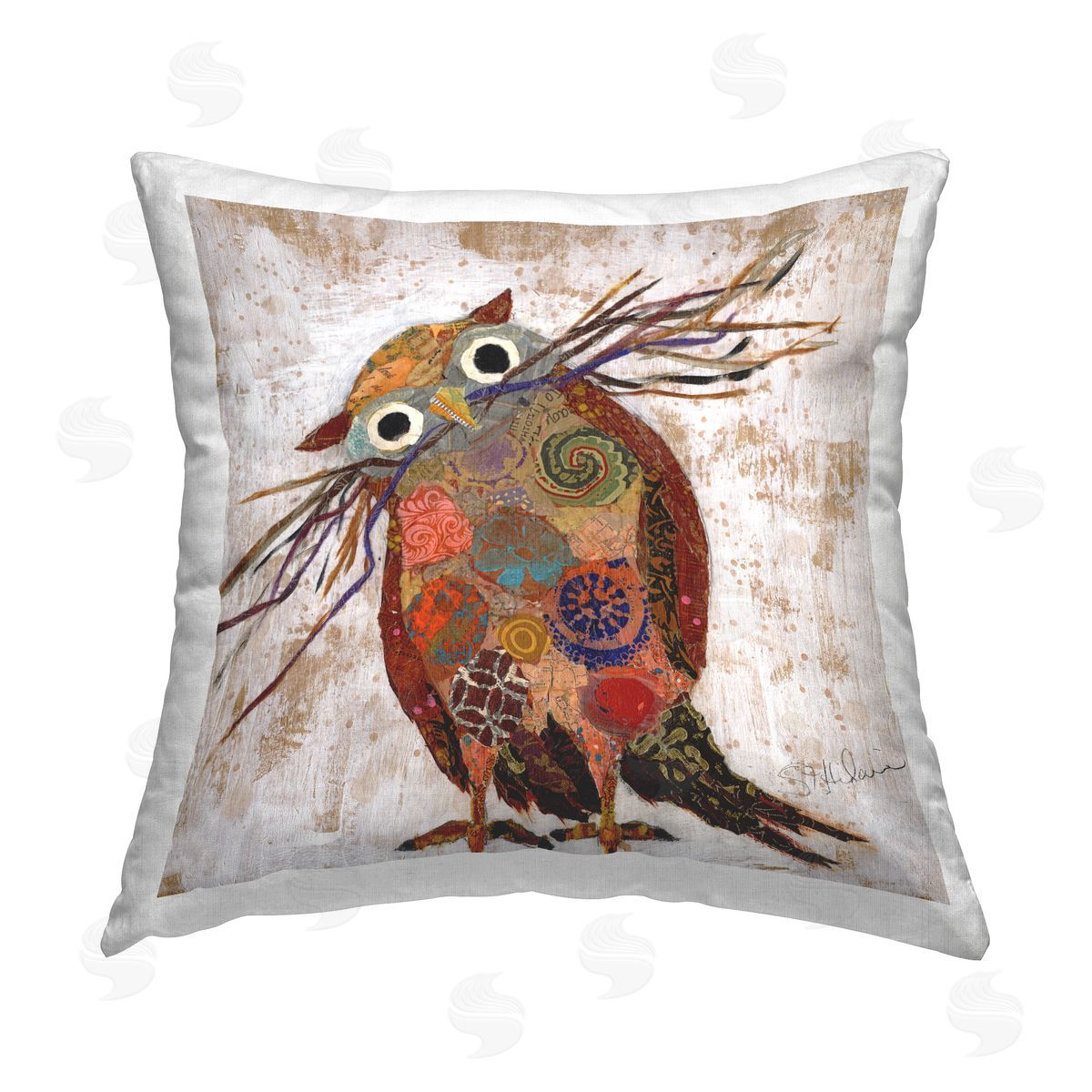 Elizabeth St. Hilaire Rustic Patterned Owl Printed Plush Polyester Throw Pillow