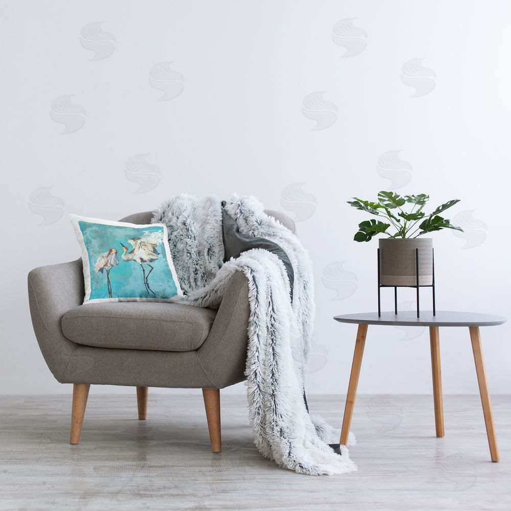 Evelia Designs Abstract Blue Cranes Printed Plush Polyester Throw Pillow On Chair