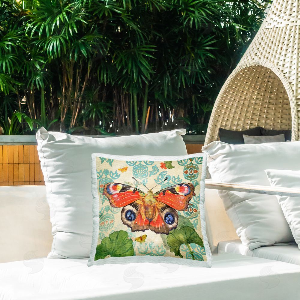 Evelia Designs Boho Butterfly Florals Outdoor Quick-Dry Polyester Printed Throw Pillow in Back Yard