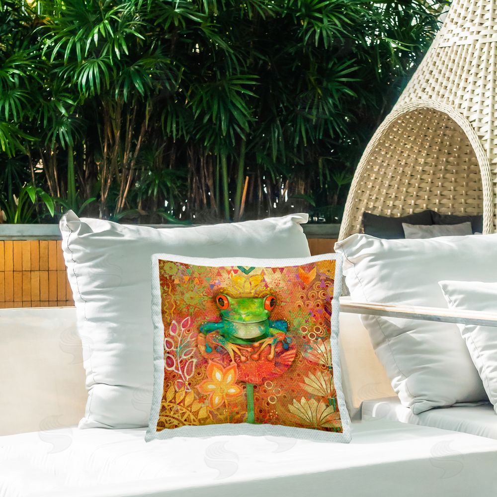 Evelia Designs Frog & Floral Pattern Outdoor Quick-Dry Polyester Printed Throw Pillow in Back Yard