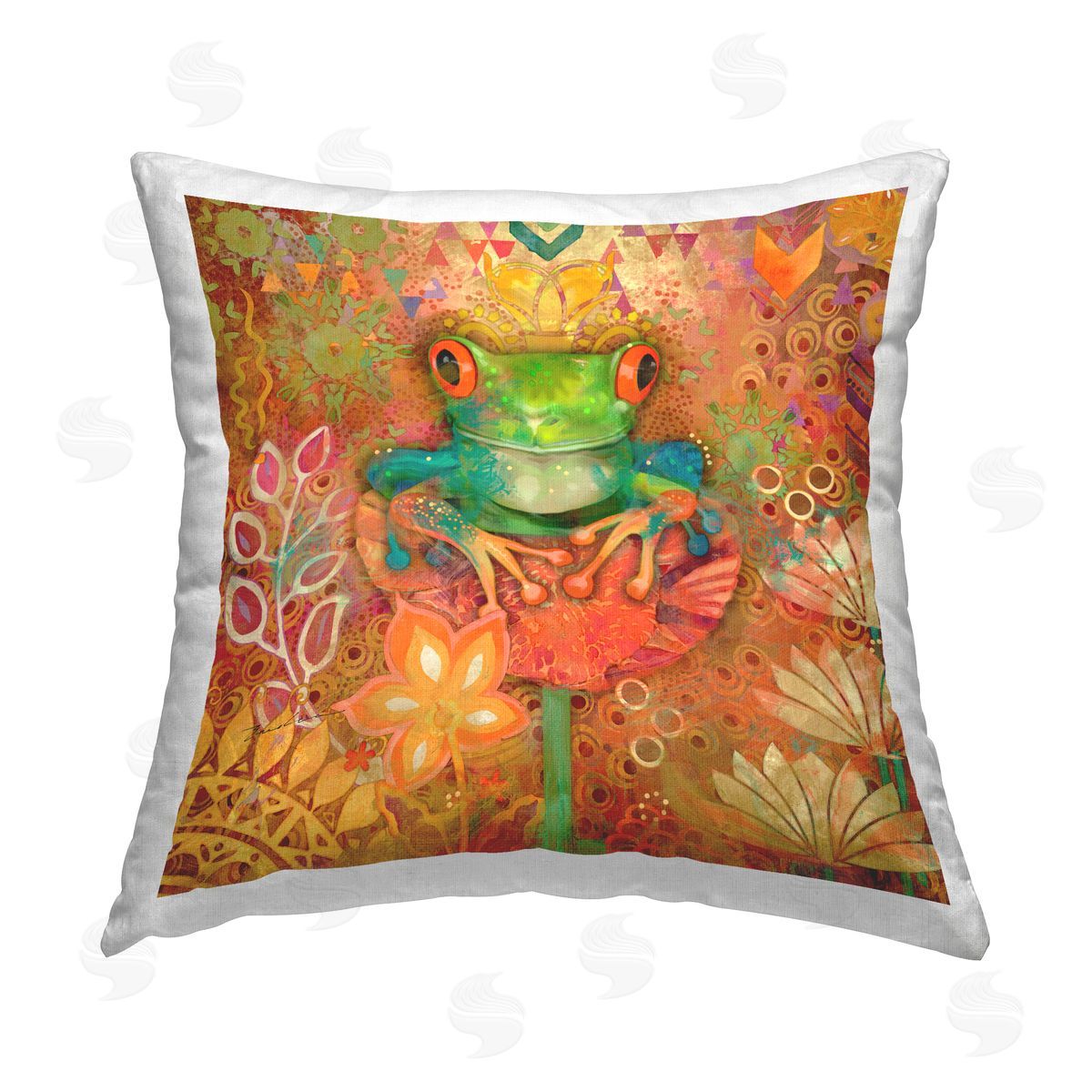Evelia Designs Frog & Floral Pattern Printed Plush Polyester Throw Pillow