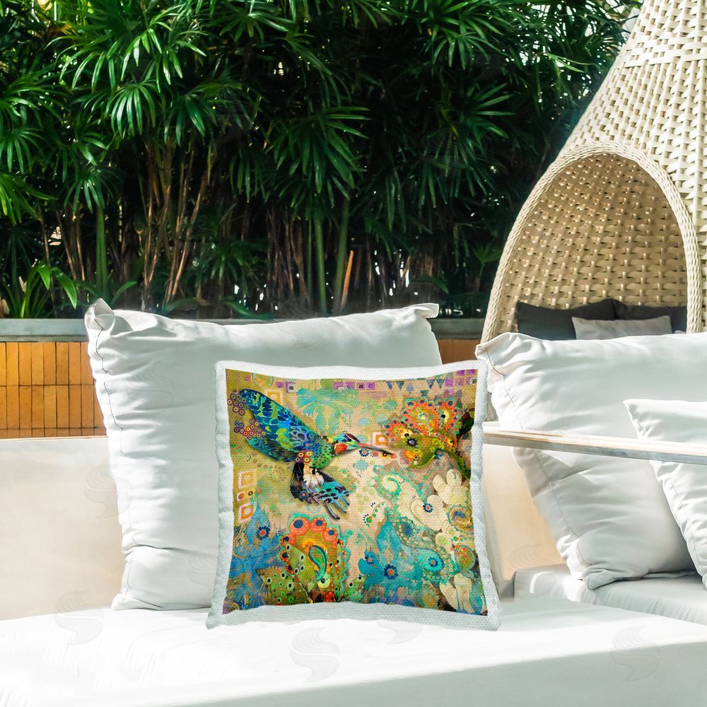 Evelia Designs Mosaic Floral Hummingbird Outdoor Quick-Dry Polyester Printed Throw Pillow in Back Yard