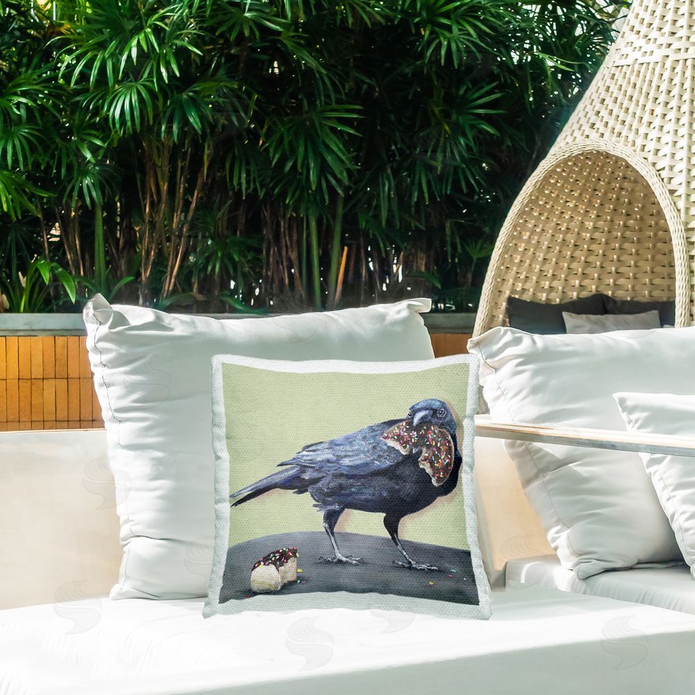 Kamdon Kreations Crow with Donut Outdoor Quick-Dry Polyester Printed Throw Pillow in Back Yard