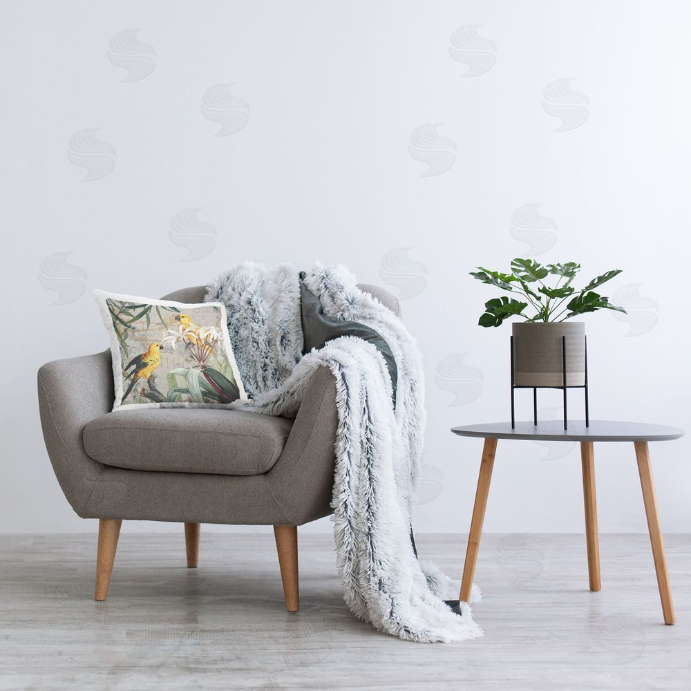 Karen Smith Vintage Birds & Leaves Printed Plush Polyester Throw Pillow On Chair