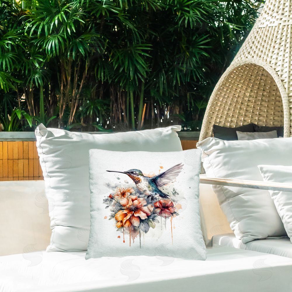 LSR Design Studio Modern Floral Hummingbird Outdoor Quick-Dry Polyester Printed Throw Pillow in Back Yard