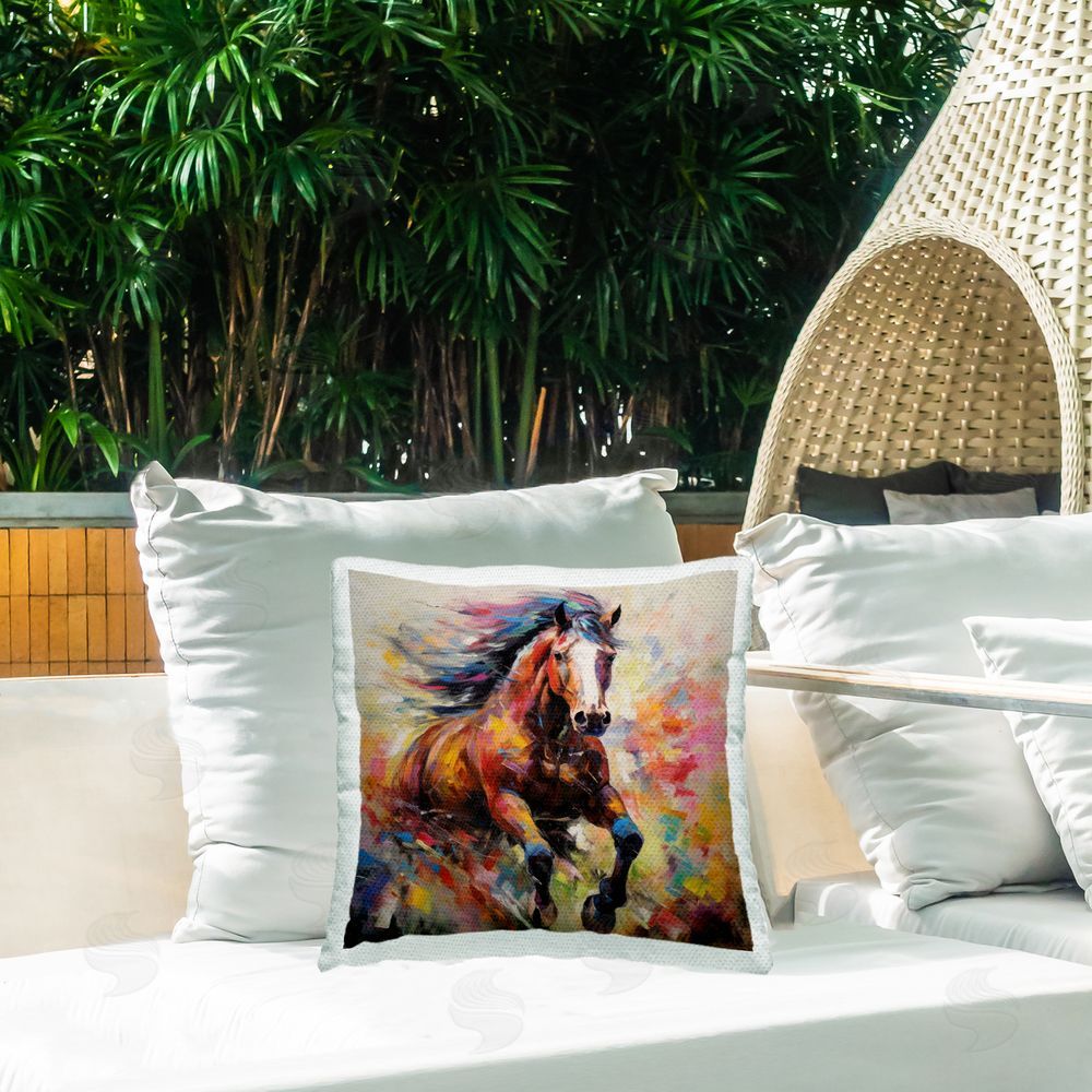 Irena Orlov Modern Horse Galloping Outdoor Quick-Dry Polyester Printed Throw Pillow in Back Yard
