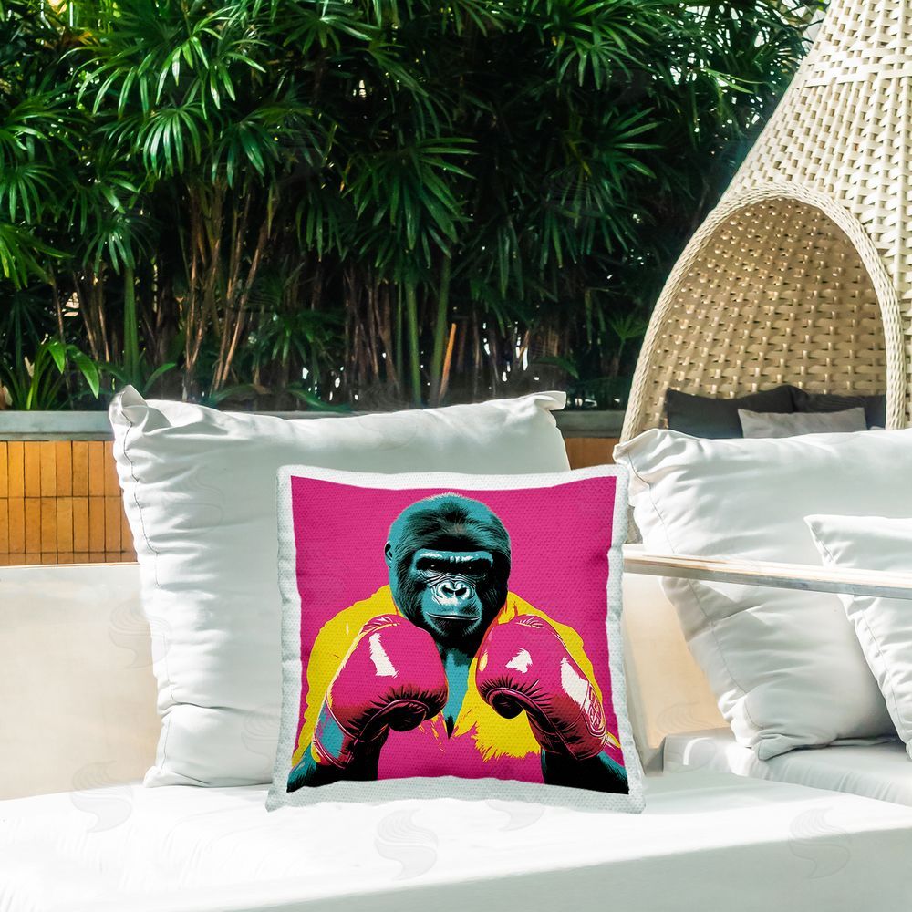 Irena Orlov Pink Boxing Ape Outdoor Quick-Dry Polyester Printed Throw Pillow in Back Yard