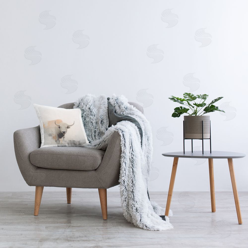 Irena Orlov Grey Longhorn Cattle Printed Plush Polyester Throw Pillow On Chair