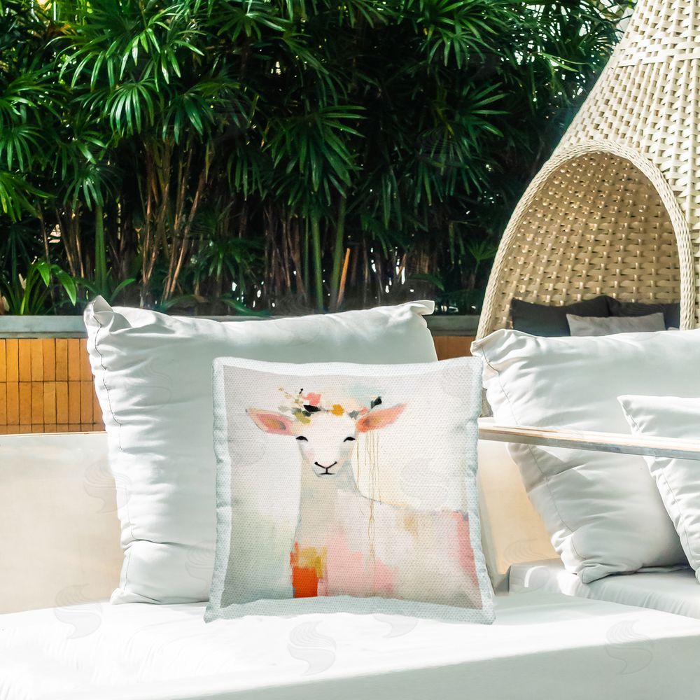 Irena Orlov Modern Sheep Florals Outdoor Quick-Dry Polyester Printed Throw Pillow in Back Yard