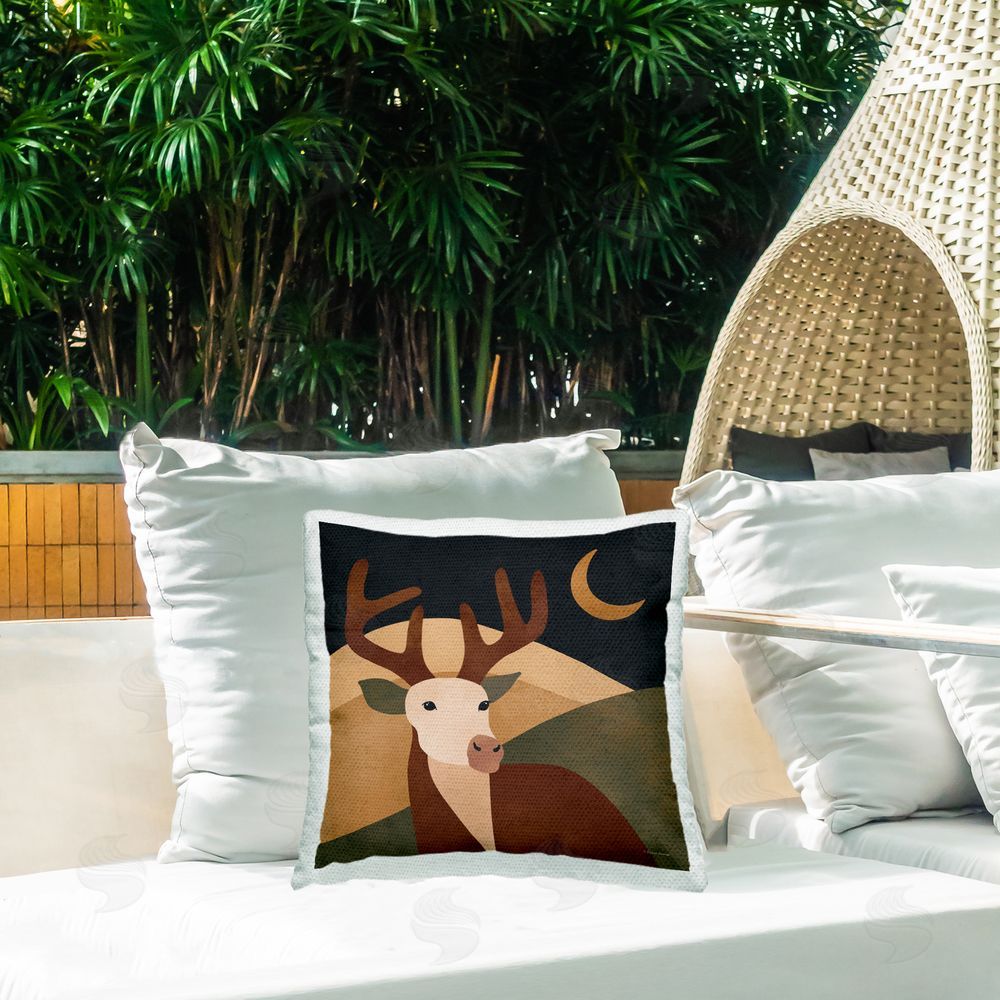 Rachel Nieman Deer & Moon Landscape Outdoor Quick-Dry Polyester Printed Throw Pillow in Back Yard