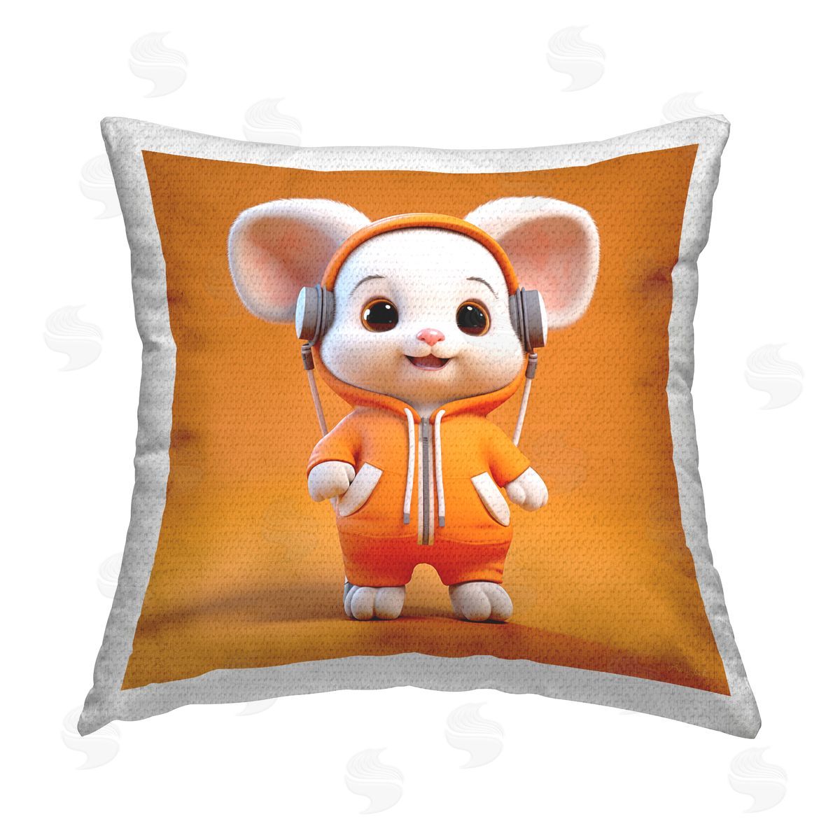 Roozbeh White Mouse with Headphones Outdoor Quick-Dry Polyester Printed Throw Pillow