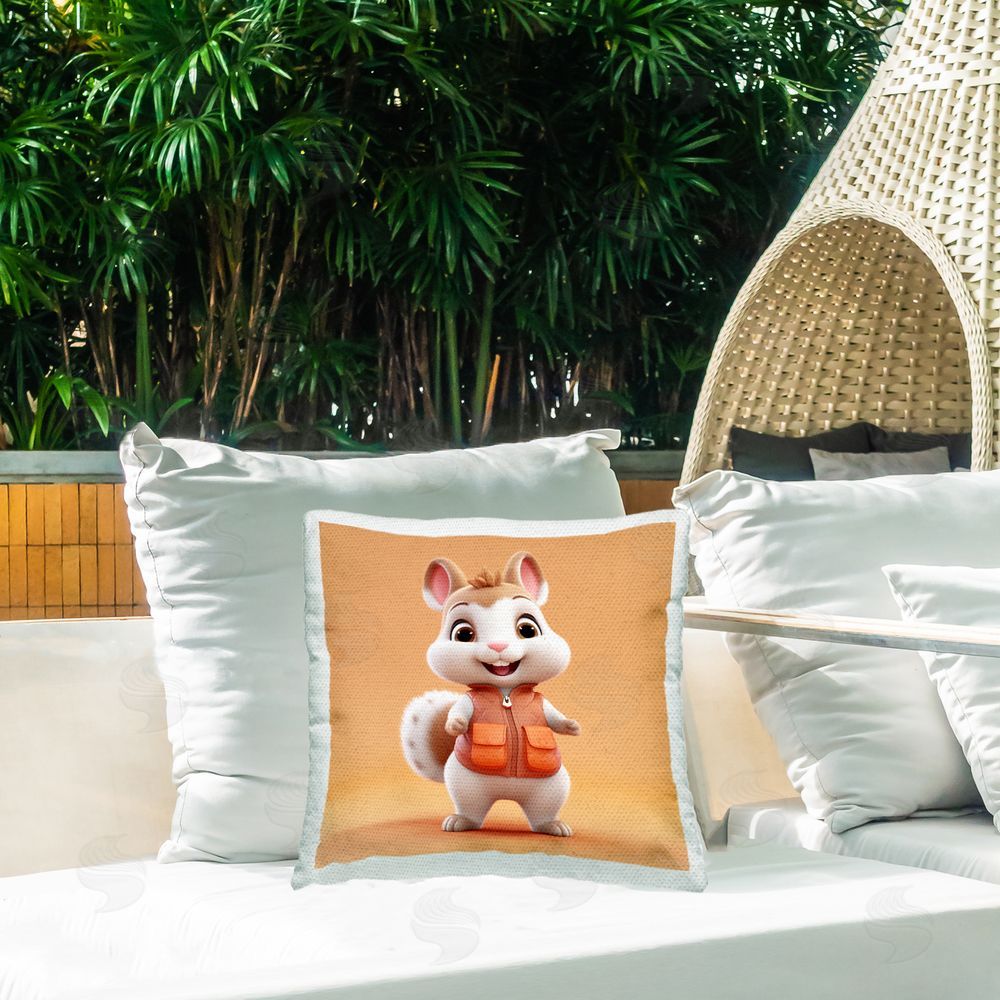 Roozbeh Chipmunk on Orange Outdoor Quick-Dry Polyester Printed Throw Pillow in Back Yard