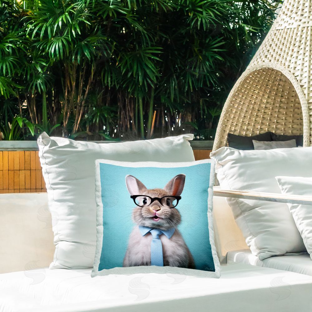 Roozbeh Rabbit with Glasses & Tie Outdoor Quick-Dry Polyester Printed Throw Pillow in Back Yard