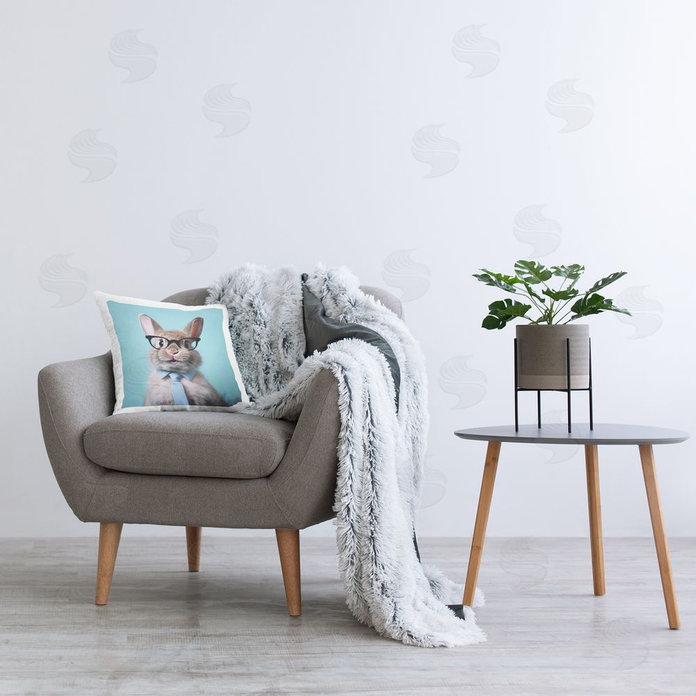 Roozbeh Rabbit with Glasses & Tie Printed Plush Polyester Throw Pillow On Chair