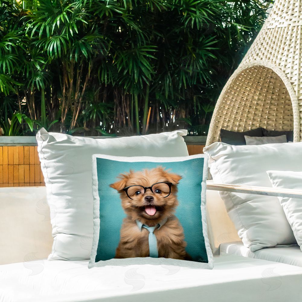 Roozbeh Puppy with Tie & Glasses Outdoor Quick-Dry Polyester Printed Throw Pillow in Back Yard
