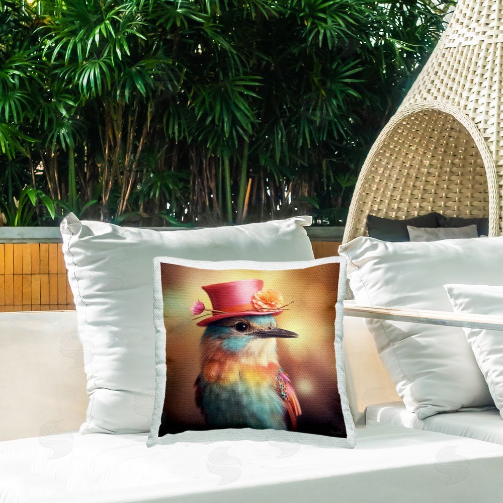 Roozbeh Bird in Top Hat Outdoor Quick-Dry Polyester Printed Throw Pillow in Back Yard