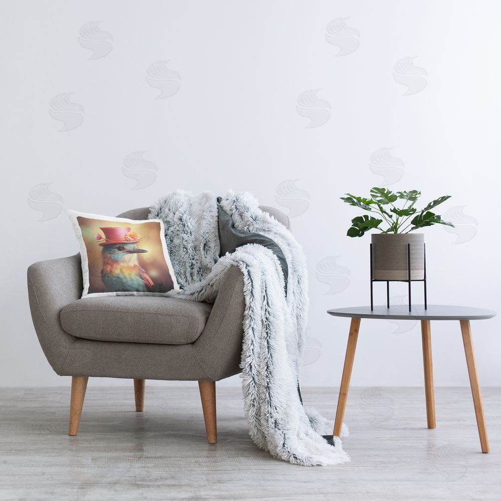 Roozbeh Bird in Top Hat Printed Plush Polyester Throw Pillow On Chair