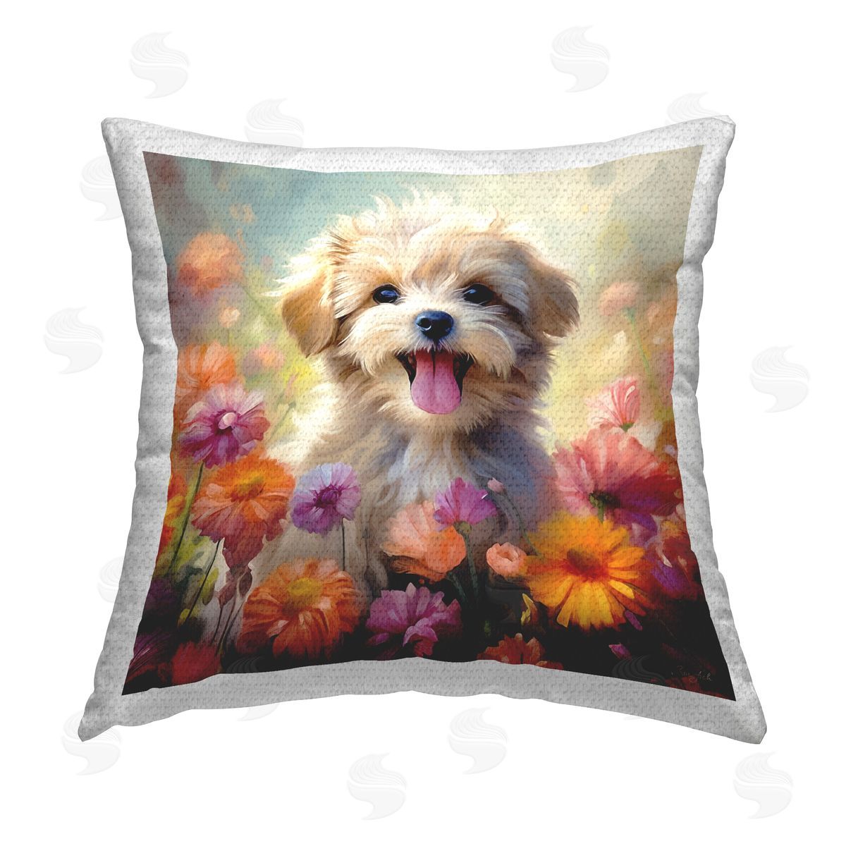 Roozbeh Puppy & Flower Meadow Outdoor Quick-Dry Polyester Printed Throw Pillow
