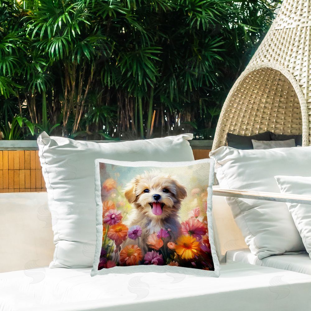 Roozbeh Puppy & Flower Meadow Outdoor Quick-Dry Polyester Printed Throw Pillow in Back Yard