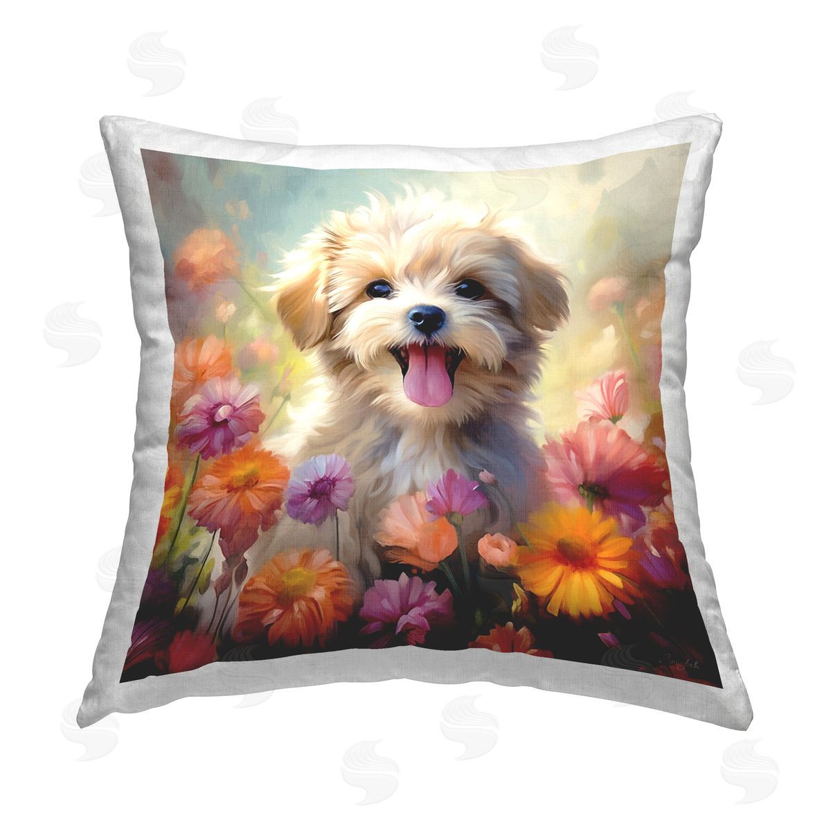 Roozbeh Puppy & Flower Meadow Printed Plush Polyester Throw Pillow