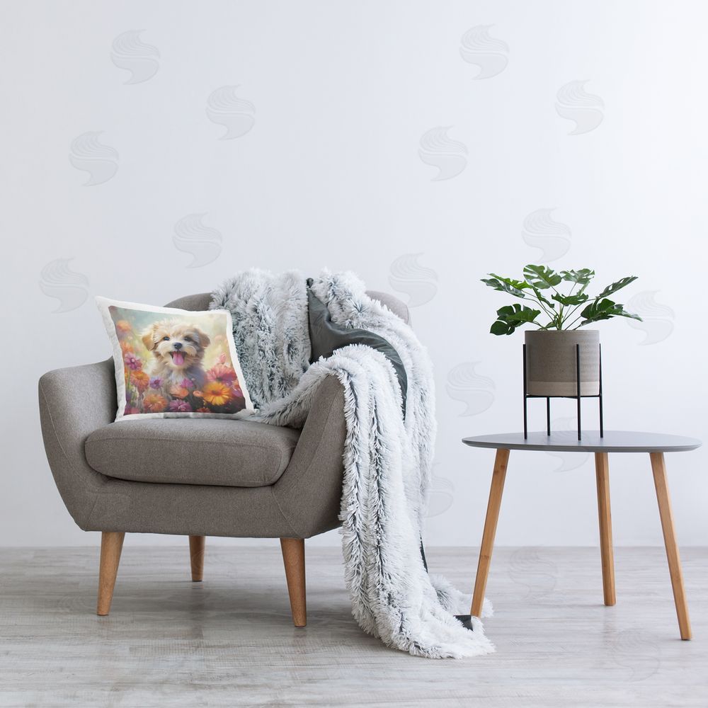 Roozbeh Puppy & Flower Meadow Printed Plush Polyester Throw Pillow On Chair