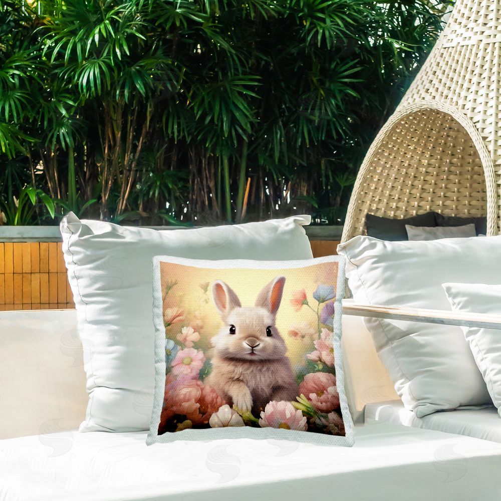 Roozbeh Bunny & Spring Blooms Outdoor Quick-Dry Polyester Printed Throw Pillow in Back Yard