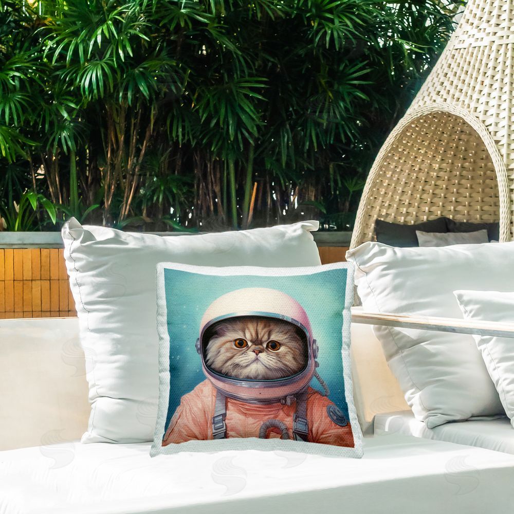 Roozbeh Astronaut Cat on Blue Outdoor Quick-Dry Polyester Printed Throw Pillow in Back Yard