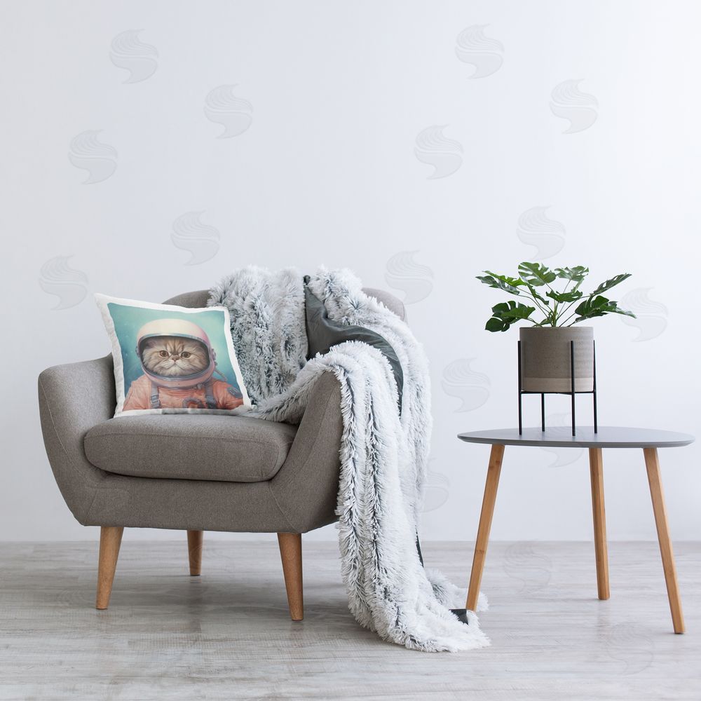 Roozbeh Astronaut Cat on Blue Printed Plush Polyester Throw Pillow On Chair