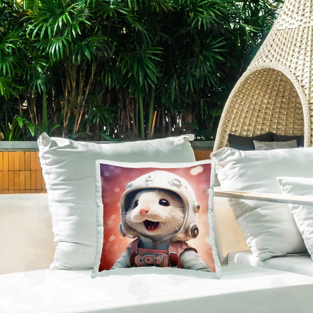 Roozbeh Smiling Astronaut Mouse Outdoor Quick-Dry Polyester Printed Throw Pillow in Back Yard