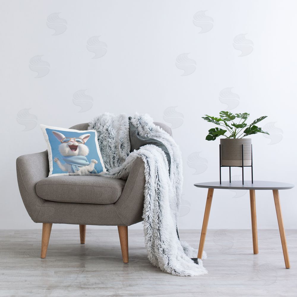 Roozbeh Smiling Cartoon Rabbit Printed Plush Polyester Throw Pillow On Chair