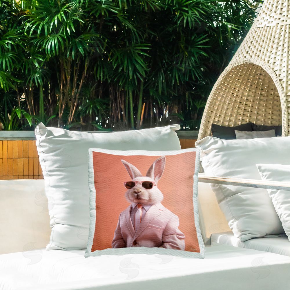 Roozbeh Rabbit in Chic Suit Outdoor Quick-Dry Polyester Printed Throw Pillow in Back Yard