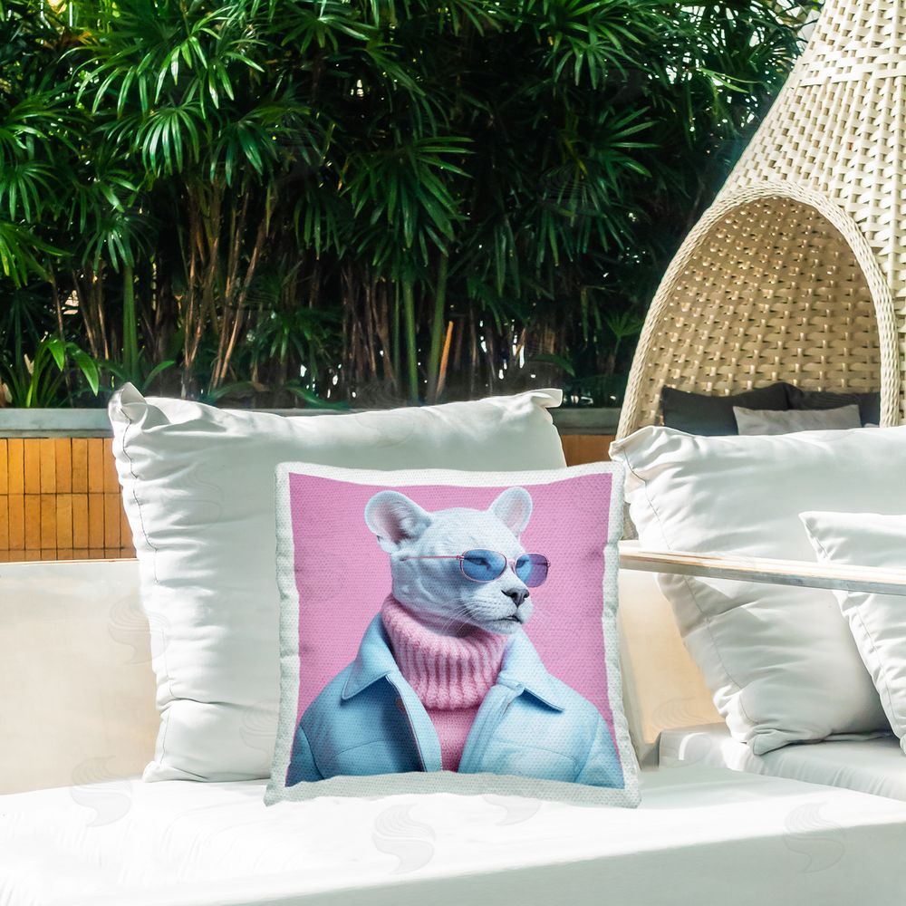 Roozbeh Chic White Panther Outdoor Quick-Dry Polyester Printed Throw Pillow in Back Yard