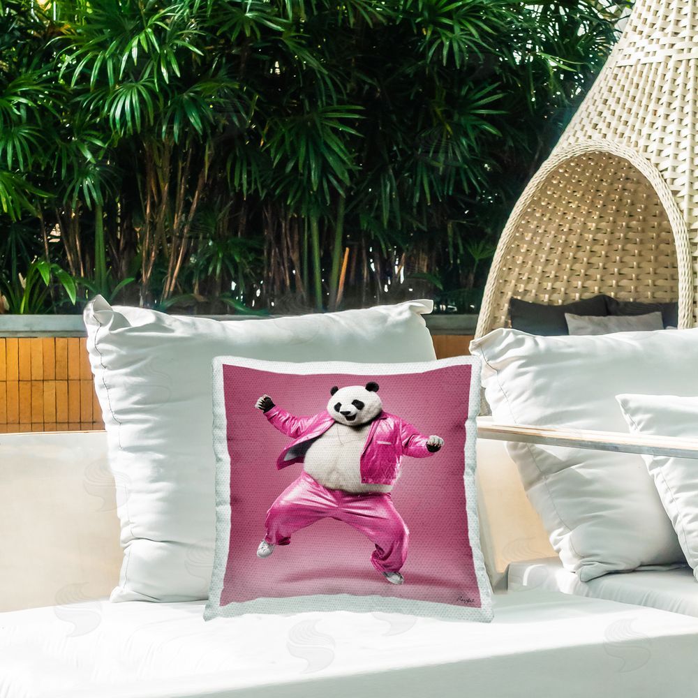 Roozbeh Panda Bear Dancing Outdoor Quick-Dry Polyester Printed Throw Pillow in Back Yard